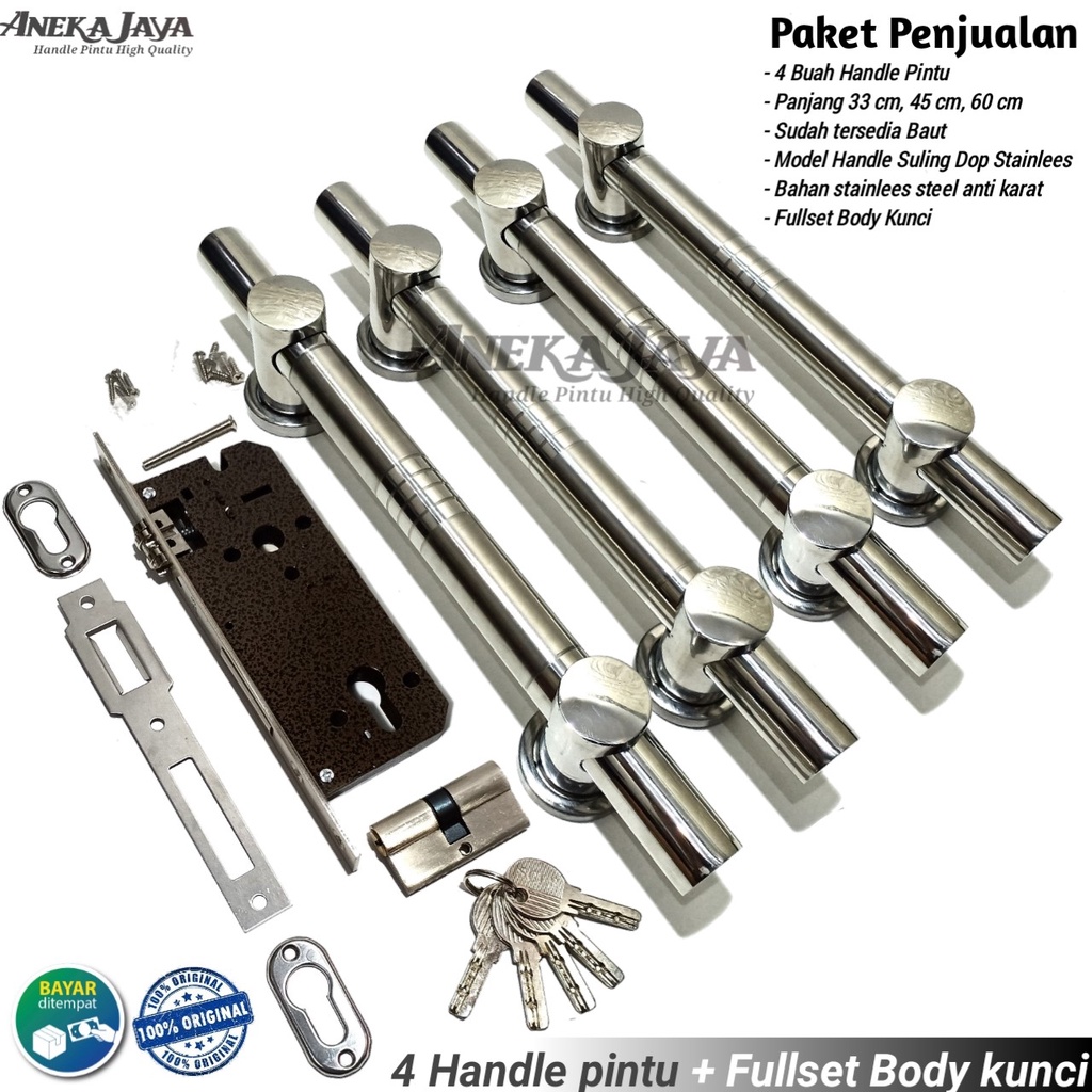 Handle Pintu Rumah Minimalis 33 cm 45 cm 60 cm / Tarikan Gagang Pintu Stainless Set + Kunci