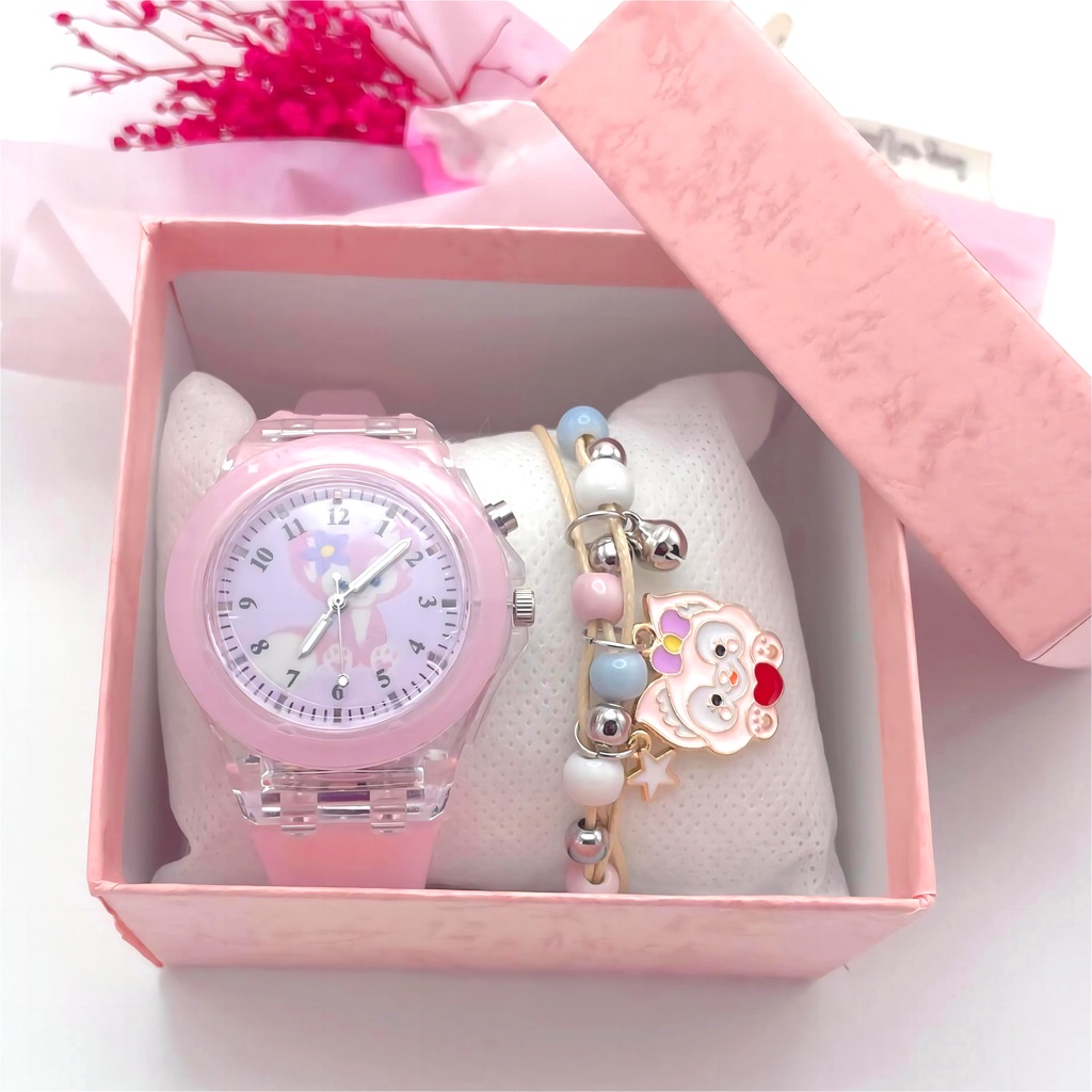 【Set Kado】  jam anak tk perempuan Jam Tangan Anak unicorn Fashion Baru Warna LED Bercahaya Jam Tangan Kartun Gadis Berkilau