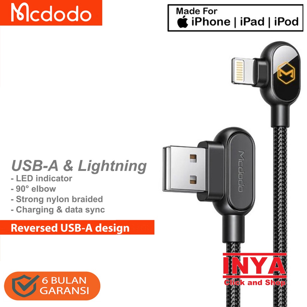 KABEL LIGHTNING MCDODO CA-8631 90° GAMING LED DATA CABLE 1.8m USB to Lightning - Iphone