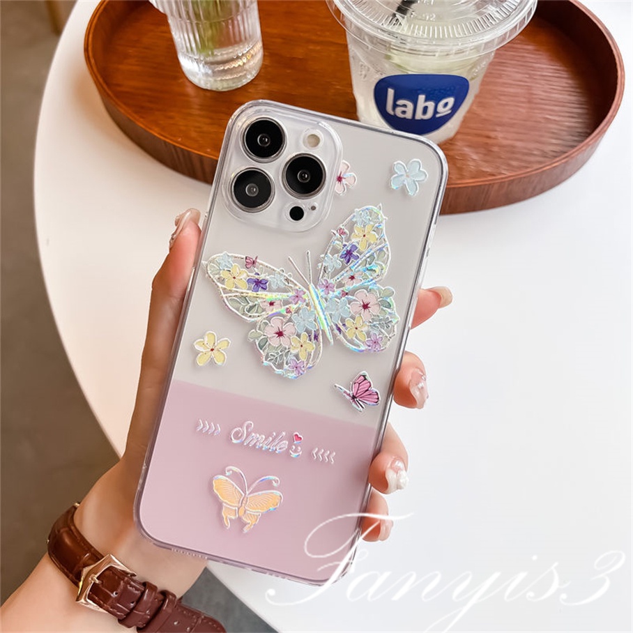 Compatible For iPhone 14 13 12 11 Pro Max X XR Xs Max 8 7 6 6s Plus SE 2020 Kompatibel Untuk Ins Bunga Kupu-Kupu Ponsel Case Bening TPU Lembut Cover Pelindung