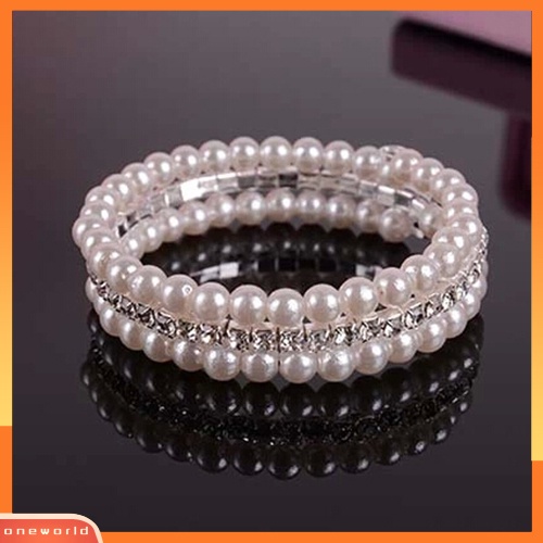 {oneworld} Fashion Wanita Elegan Putih Mutiara Imitasi Berlian Imitasi Peregangan Bangle Gelang