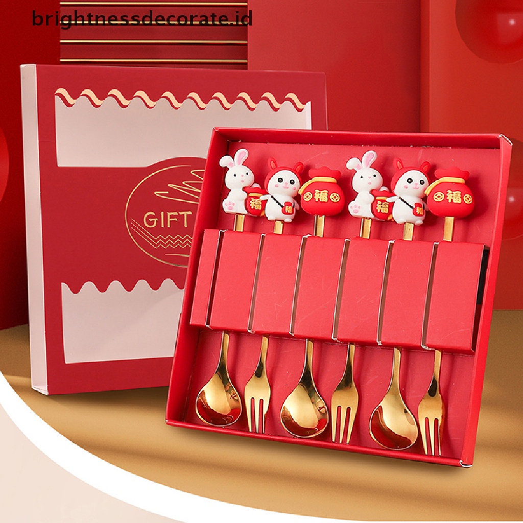 [Birth] Hadiah Imlek Alat Makan Sendok Kelinci Sendok Garpu Set Zodiak Dessert Spoon [ID]