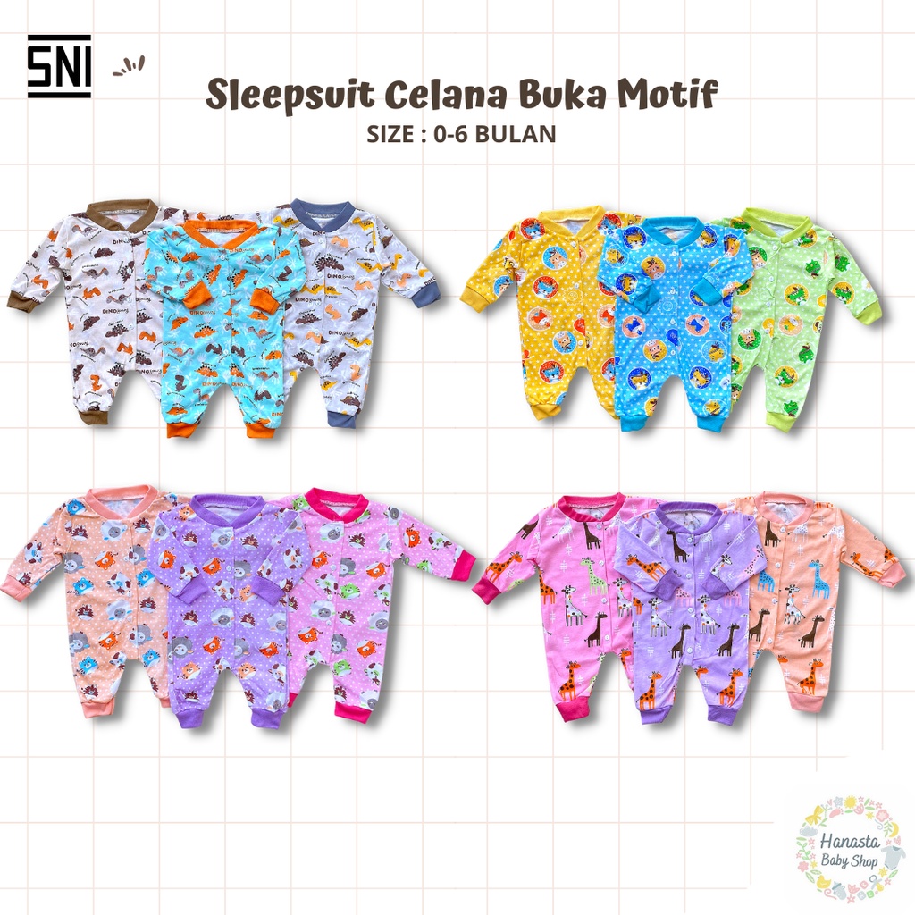 Sleepsuit Celana Buka Baju Tidur Bayi Jumpsuit Newborn 0-6 bulan