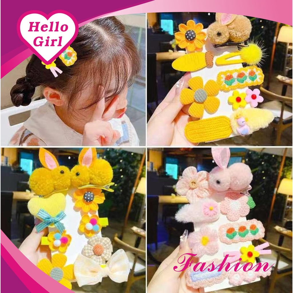 (Hello Girl)F180 Set Jepit 9In1 Jepit Rambut Anak Perempuan Motif Kelinci Bunga Wol Gaya Korea Import