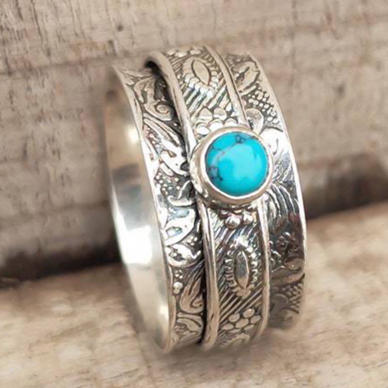 Cincin Unisex Motif Timbul Lingkaran Penuh Permukaan Lebar Biru Kecil Batu Pinus Untuk Wanita Pria Jewellery