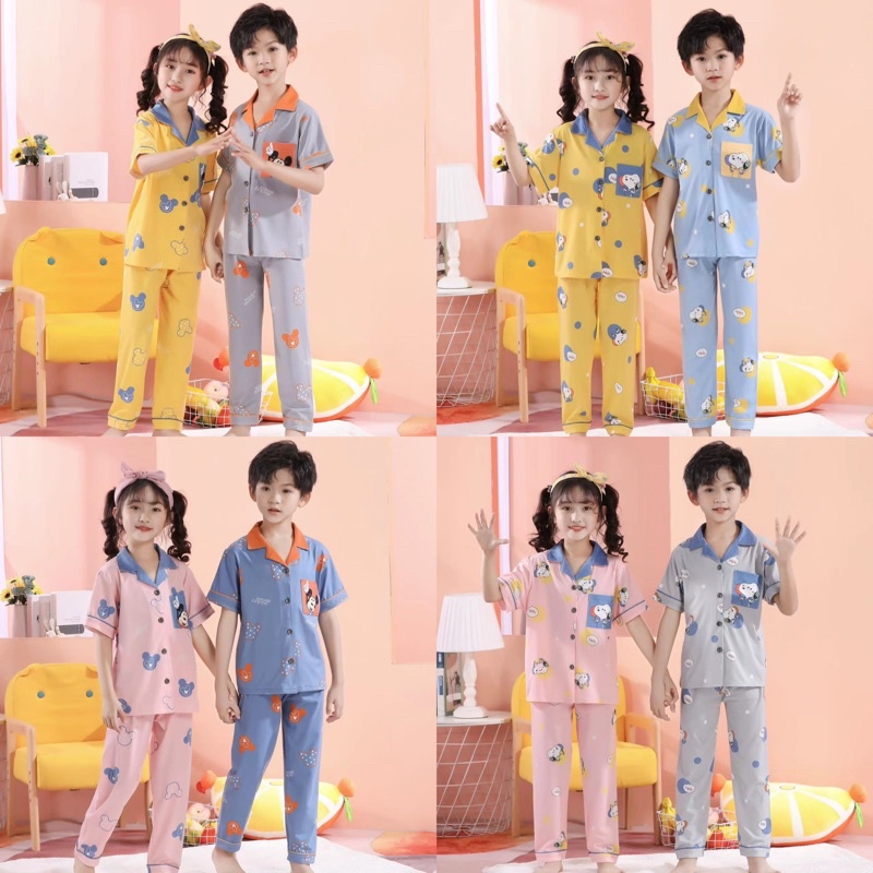 BAJU TIDUR ANAK BALITA REMAJA TANGGUNG 2-12TAHUN KATUN IMPORT BERKUALITAS UNISEX MOTIF KRAH KANCING LENGAN PENDEK CELANA PANJANG NEW COLLECTION