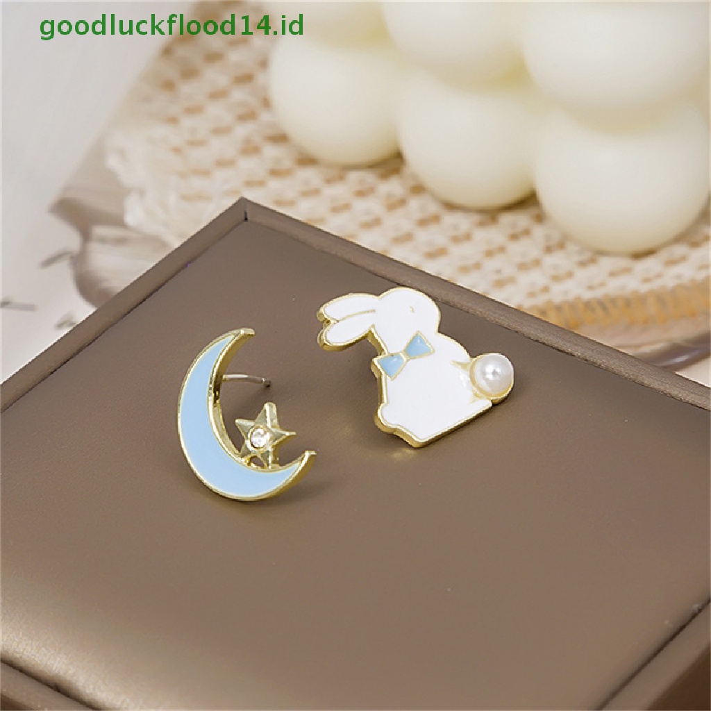 [GOOGFOUR] Lucu Fashion Asymmetric Rabbit Moon Star Stud Earrings Wanita Eardrop Perhiasan Pesta [TOP]