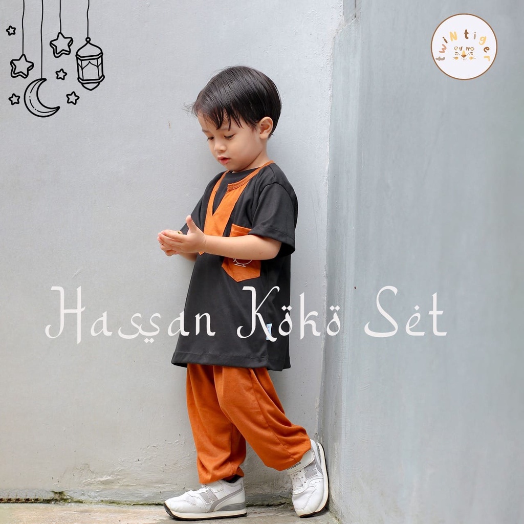 Setelan Koko Hasan 1-3 Tahun Lebaran Raya Muslim Hassan Anak Laki Laki Pakaian Muslim Twin Tiger CBKS