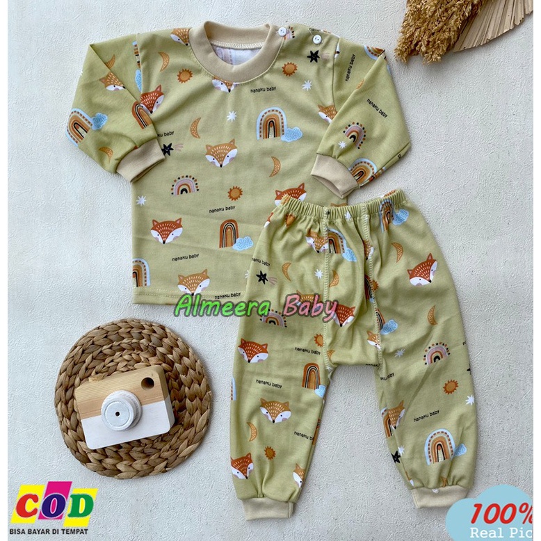 Setelan Baju Bayi Piyama Bayi Lengan Panjang Kancing Pundak Motif Printing Pelangi Usia 3-12 Bulan Almeera Baby and Kids