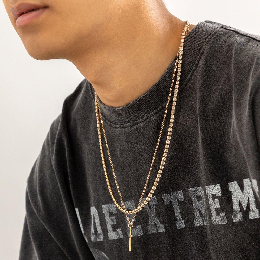 Needway Man Kalung Hadiah Keren Punk Kreatif Lapisan Ganda Logam Gaya Korea Choker