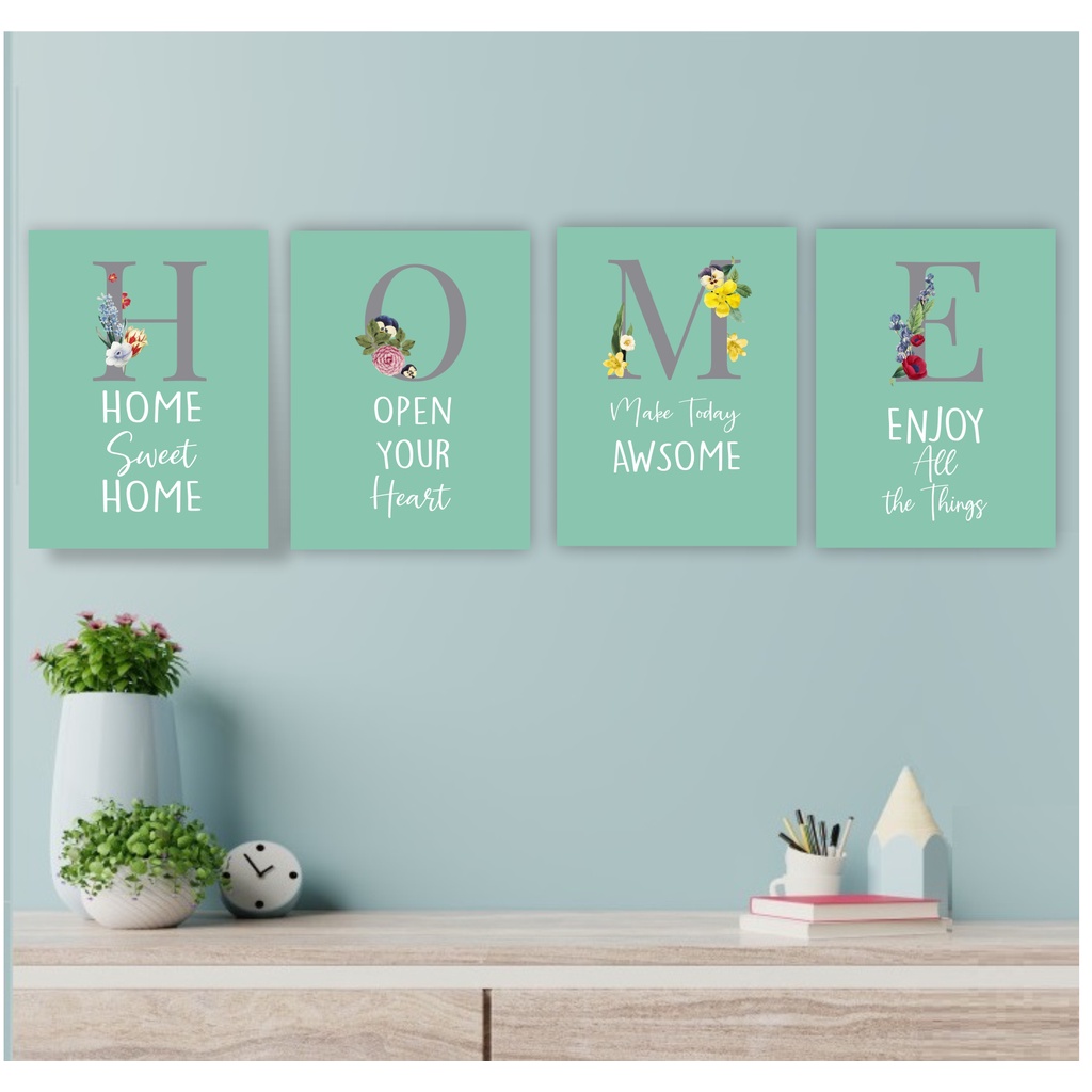 Frame Wall Decor Set Hiasan Dinding Paket Isi 4Pcs Aesthethic Minimalis Pajangan Rumah Dekorasi Poster Quotes Home Floral 3D Kayu Tebal  20 x 30 - 30 x 40