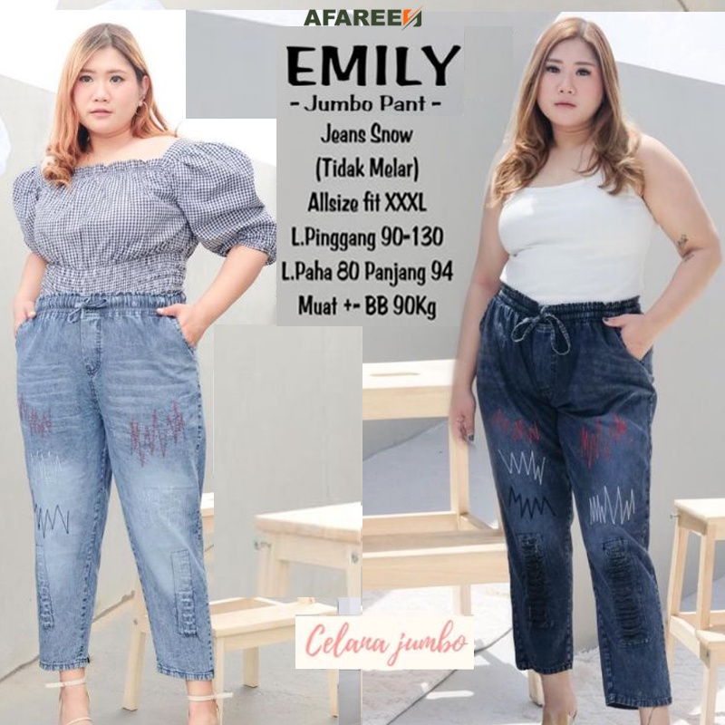 AFAREEN - Baggy Pant Jumbo Emily Bordil Sigzag Kulot Jeans Super Jumbo Celana Jeans Boyfriend Jeans Big Size BB 70-95 Kg