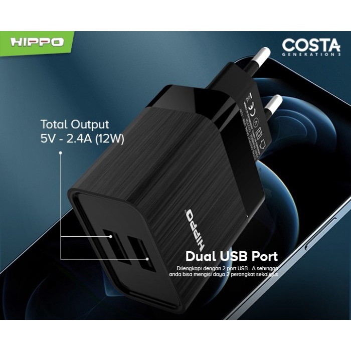 Hippo Adaptor Costa 3 2.4A 2 Port SDC USB Adapter Kepala Casan Colokan Charger Charging Rumah Type C Iphone Micro Travel Dual Port Output USB A USB C