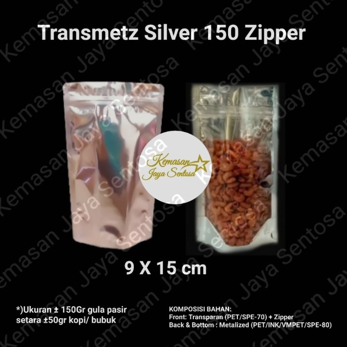 

Terlaris ✨ - Standing Pouch Transmetz Silver 150Gr Zipper.isi 50 pcs. Kemasan Kopi. 2.1.23
