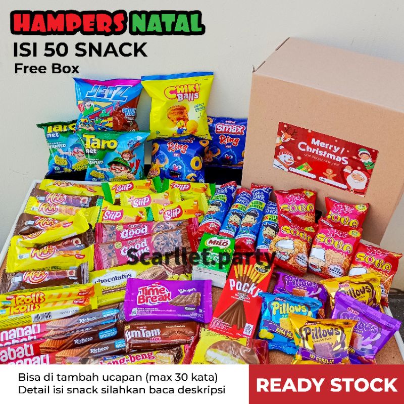 

[FREE BOX] PAKET HAMPERS NATAL ISI 50 PCS SNACK MARRY CHRISTMAS PAKET HAMPERS KADO ULANG TAHUN BIRTHDAY ULTAH WISUDA ANNIVERSARY SIDANG SEMPRO CHIKI MAKANAN COKLAT KADO ANAK IMLEK BUKET SNACK BOUQUET SNACK BOX IDUL FITRI CHIKI WAFER IMLEK VALENTINE