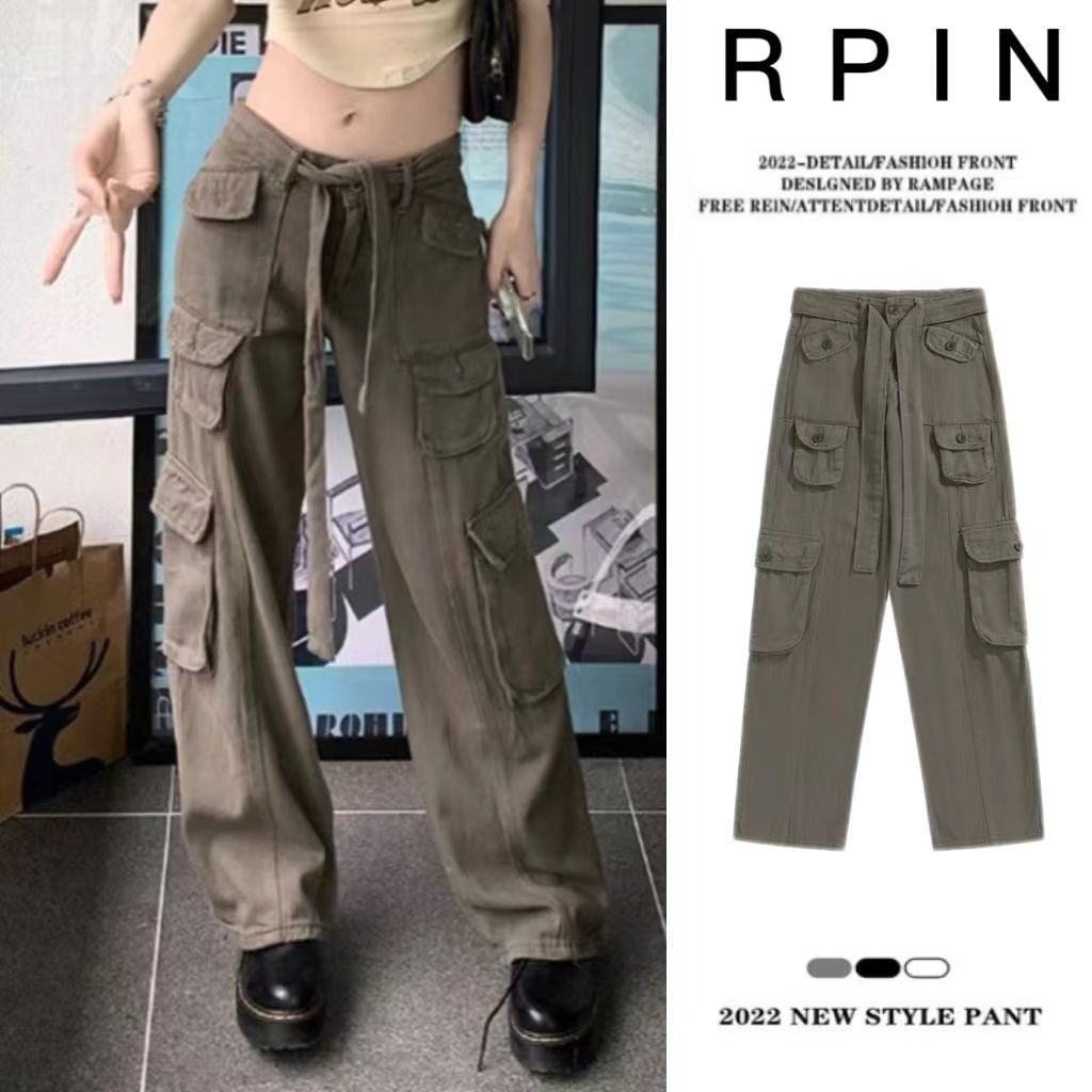 ▥✈✧RPIN Eropa dan Amerika high street style American retro tooling jeans wanita musim panas longgar celana lurus lebar kaki kasual