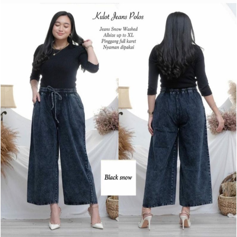 KULOT JEANS SNOW WASH WANITA - KULOT BAHAN SOFT JEANS PINGGANG FULL KARET - KULOT MODEL RAWIS DAN LIPAT