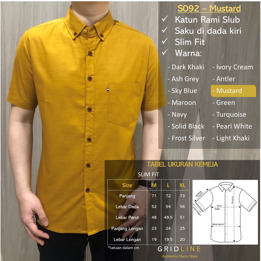 [GRIDLINE - S092 Colorful Premium Basic] Kemeja Pria Polos Slimfit Katun Rami Premium M-XXL