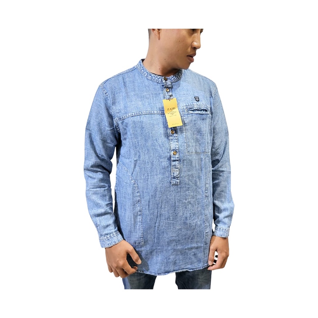 Baju Koko Pria Style Muslim KekinianTerbaru Kurta Pakistan Lengan Panjang Bahan Denim Premium Branded Bisa Bayar di Tempat