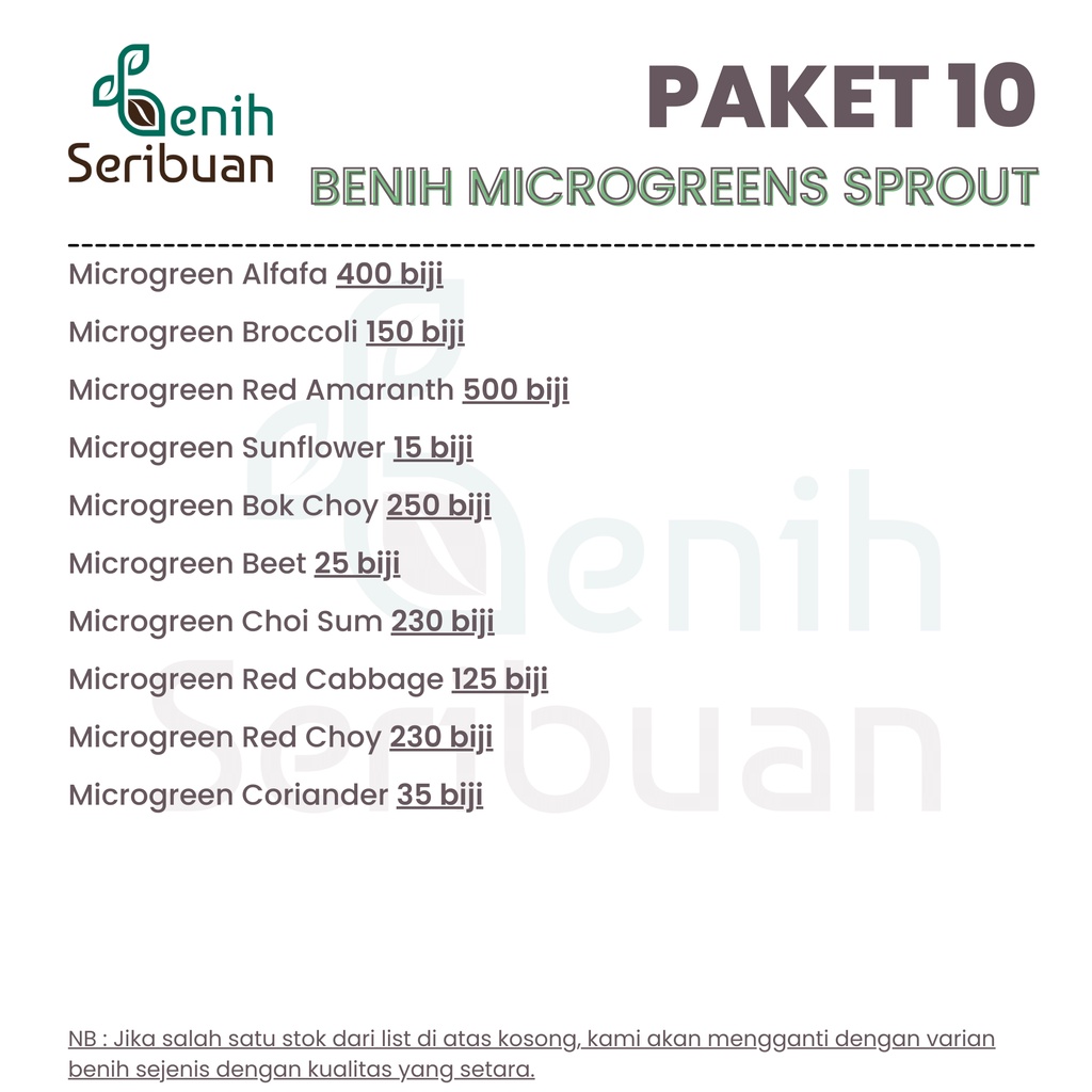 Benih Seribuan - Paket 10 Macam Bibit Microgreen Sprout Organik Lengkap