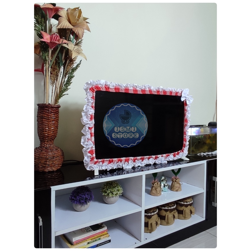 BANDO/Tutup TV/LCD/Televisi Ruffle PUTIH Motif Kotak-kotak Gingham Untuk TV 24 inch - 52 inch Bisa Custom Ukuran by Ismi Store