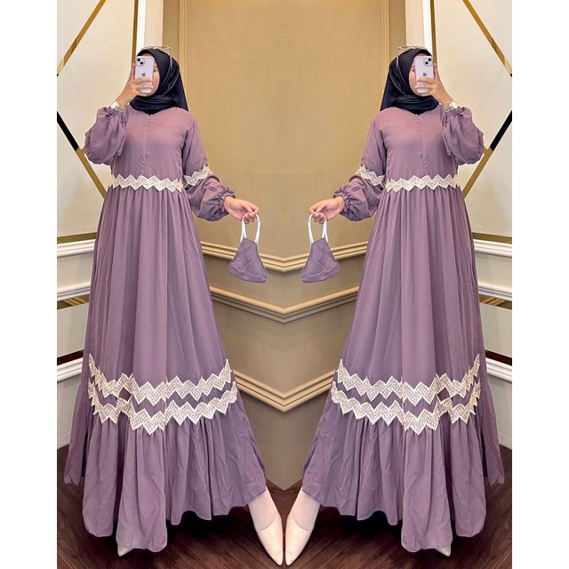 Baju Gamis Wanita Dewasa Ceruty Babydoll Premium Full Furing Renda Motif Bunga Daun Kecil Model Terb