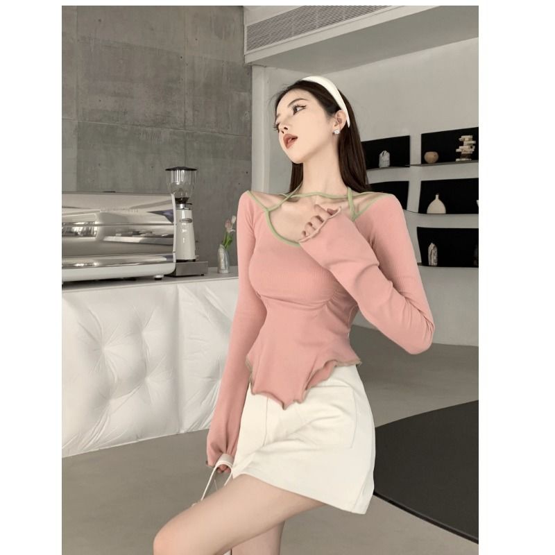 Red Pure Desired Sweet Hot Girl U-Neck Pendek Menggantung Leher Kemeja Wanita Inner Wear Design Rasa Niche Unik Khusus Lengan Panjang top