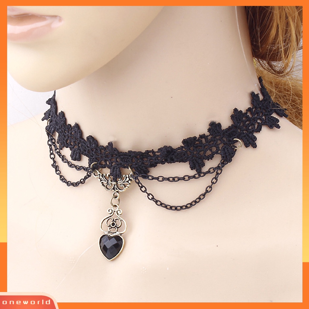 {oneworld} Kalung Colorfast Lace Edge Alloy Kalung Rantai Renda Hitam Untuk Pernikahan