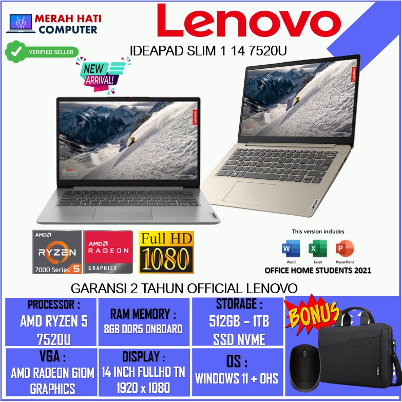 Laptop New Gaming Slim Lenovo Ideapad Slim 1 14 AMD RYZEN 5 7520U 8GB 512GB 14FHD WIN11HOME + OHS