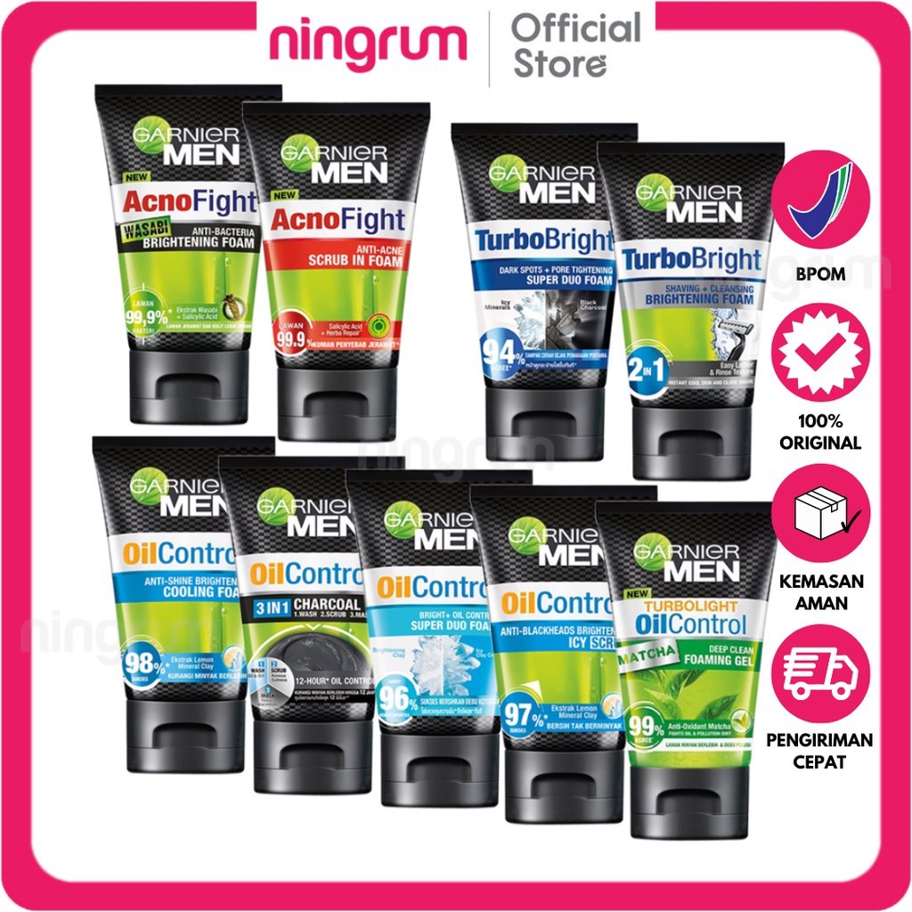 Ningrum - Garnier Men Series 50ml &amp; 100ml - AcnoFight | Turbolight Power White Oil Control Whitening Wasabi Matcha Foam Scrub | Sabun Pembersih Wajah Pria Facial Wash Original BPOM - 8302