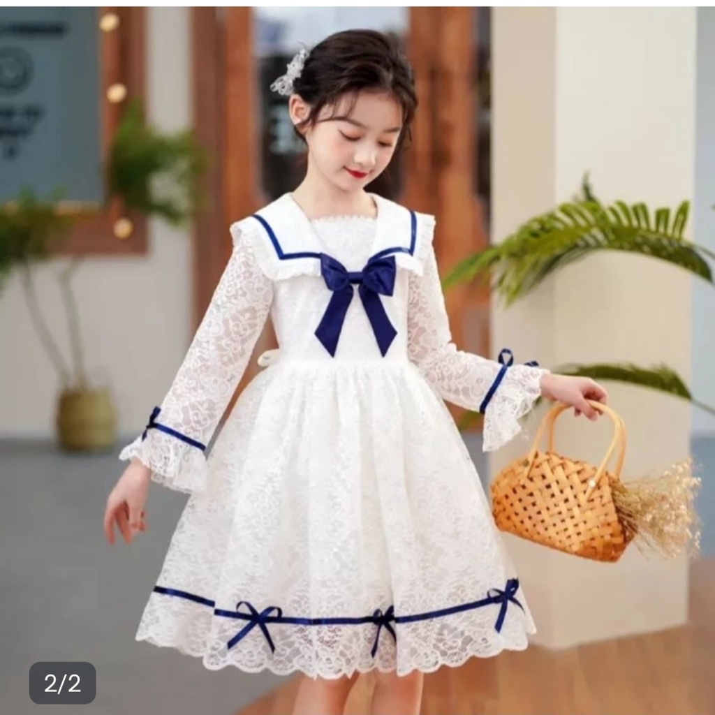 Gaun Anak Perempuan Dress Baju Putih Pakaian Anak Cewek 5-10 Tahun Fashion Pesta Model Sekarang Viral Korean Dress Kids Brokat Terbaru 2023