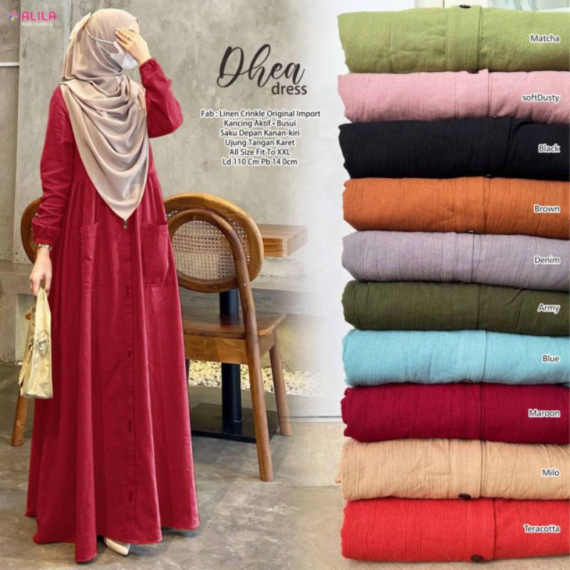 DHEA DRESS ORI ALILA | Dress Perempuan Linen Crinkle Original Import Kancing Aktif