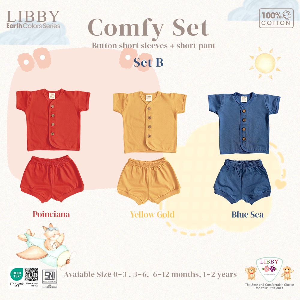 Libby Earth Comfy Set Short Sleeve Stelan Baju Pendek Kancing Depan 0-3m 3-6m 6-12m 1-2y