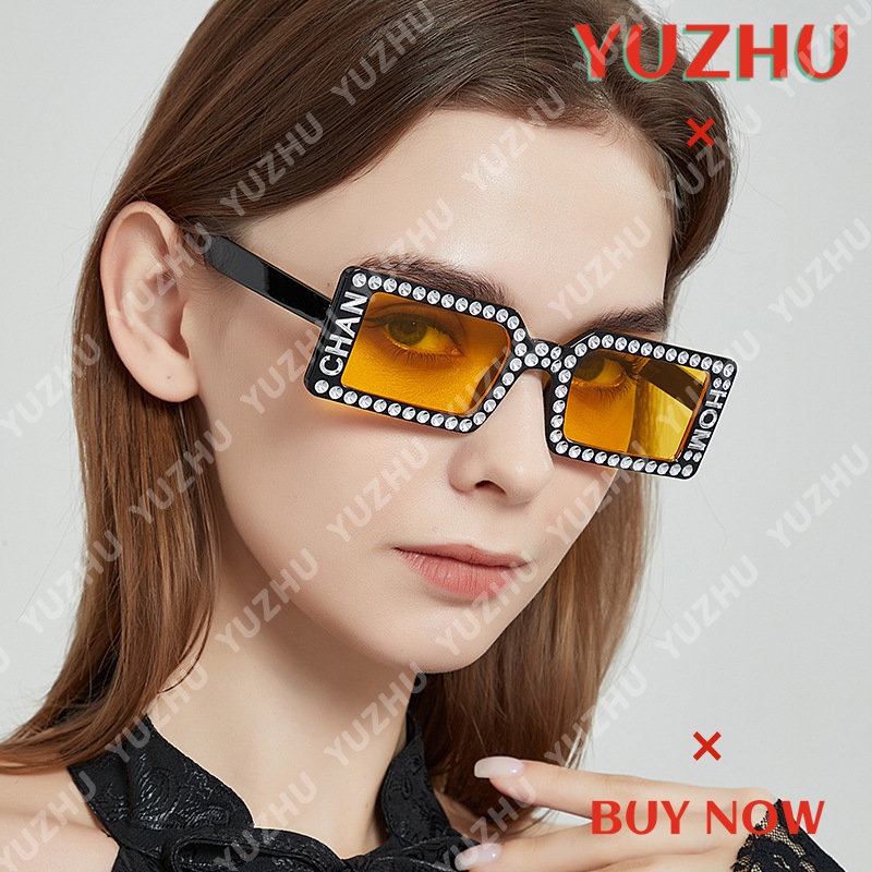 (YUZHU) Berlian Bingkai Kecil Kacamata Persegi Panjang Wanita Mode Barat Permen Warna Liburan Sun Shade Beach Sunglasses