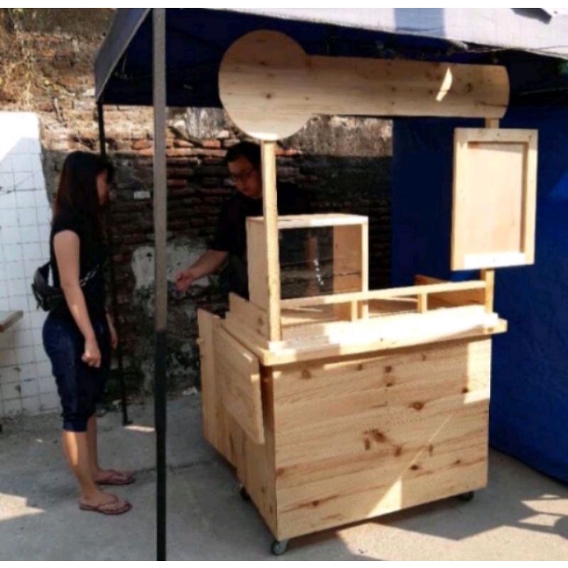 GEROBAK BOOTH PORTABLE KAYU JATI BELANDA NATURAL KAYU