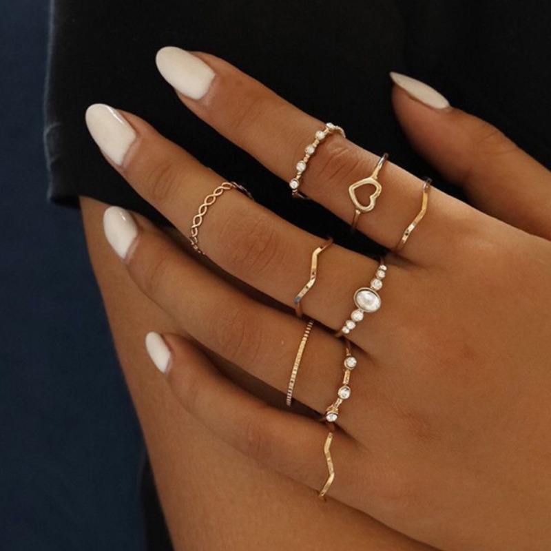 We Flower 9 Pcs Vintage Gelombang Emas Berongga Hati Berlian Imitasi Cincin Set Untuk Wanita Gadis Chic Geometris Susun Rings Fashion Jari Perhiasan