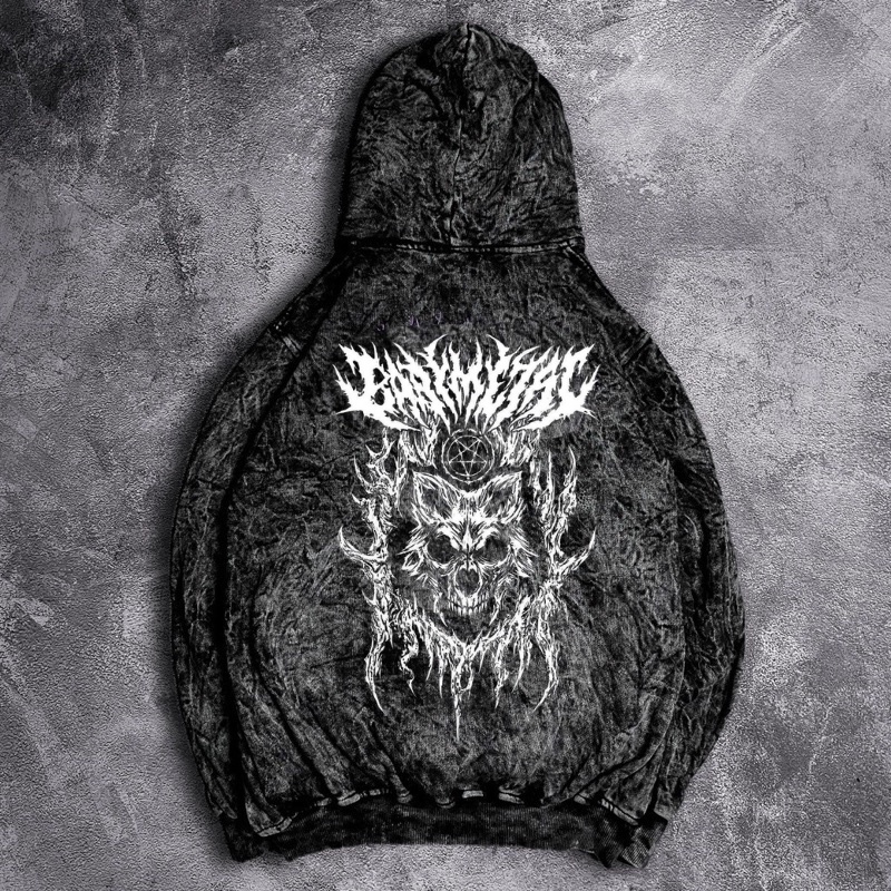 Hoodie Pria Sandwash Terbaru Motif Metal Srigala Wolf Washed Grey Keren Kekinian