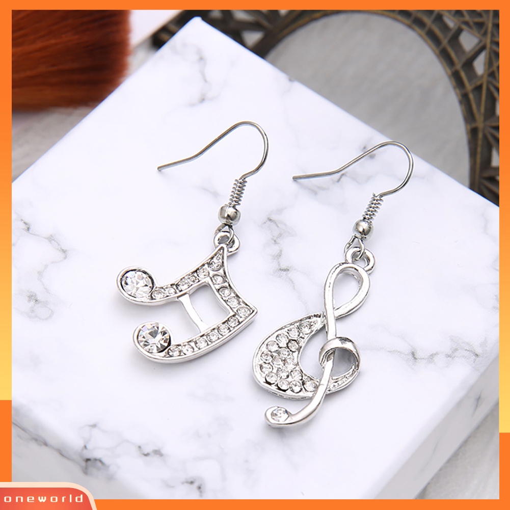 {oneworld} Fashion Wanita Musik Note Treble Clef Berlian Imitasi Menjuntai Kait Anting Perhiasan