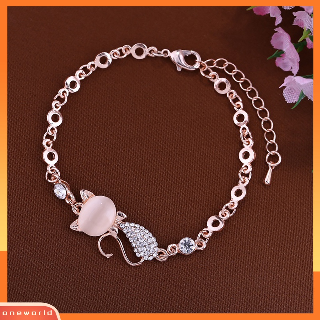 {oneworld} Perhiasan Rantai Gelang Bangle Berlian Imitasi Wanita Ladies Lovely Cat Pendant Opal Untuk Kehidupan Sehari-Hari