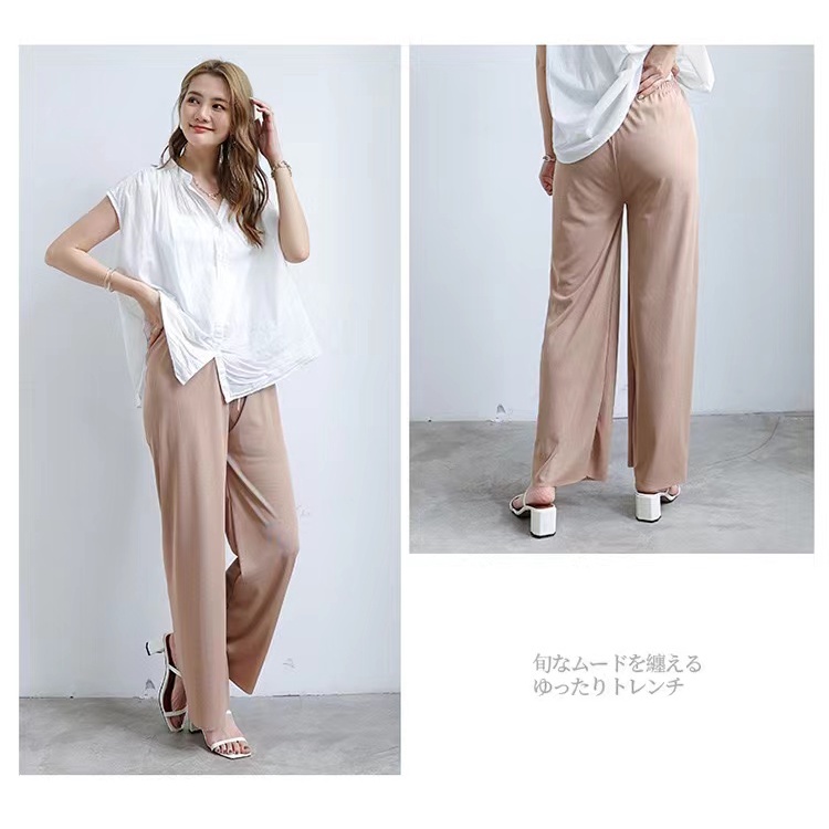 Stok bersih!Dasi Celana Wanita Kasual Longgar Sutra Es Wide Leg Long Pants