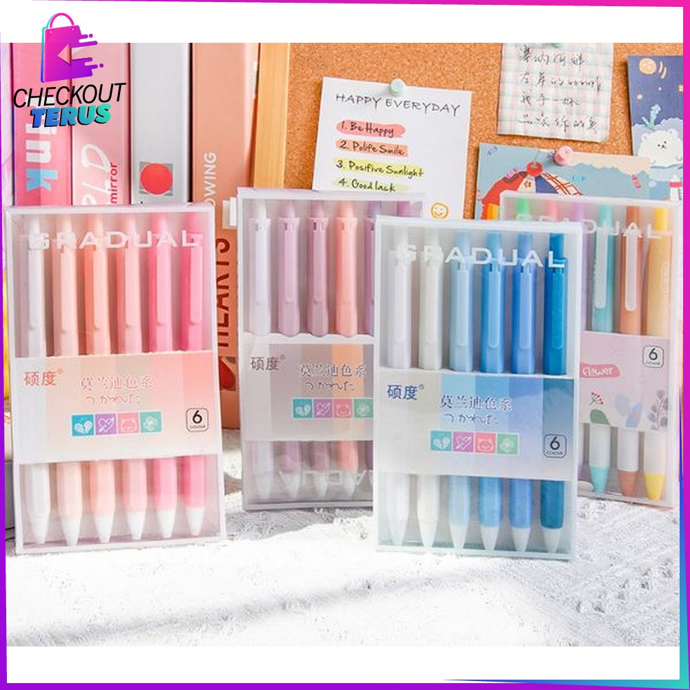 CT A48 Pulpen Gel Mekanik 6IN1 Motif Polos Warna Pastel Alat Tulis Pena Cair 0.5mm Perlengkapan Sekolah Korean Style Import