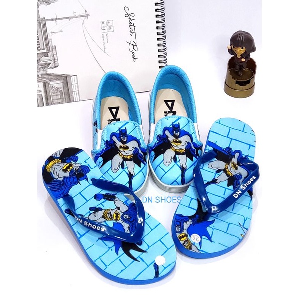 Paket Sepatu Anak Sandal Jepit Anak Paket Slip On Sandal Flat Anak Laki Laki Keren Karakter Batman Biru Lucu