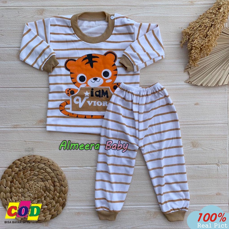 Setelan Baju Bayi Piyama Bayi Motif Salur Tiger Lengan Panjang Kancing Depan Usia 3-12 Bulan Almeera Baby and Kids