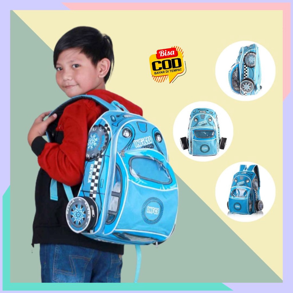 Tas Ransel Sekolah Anak Laki Laki SD TK Karakter Motif Mobil Warna Biru Keren Lucu Inficlo Original 