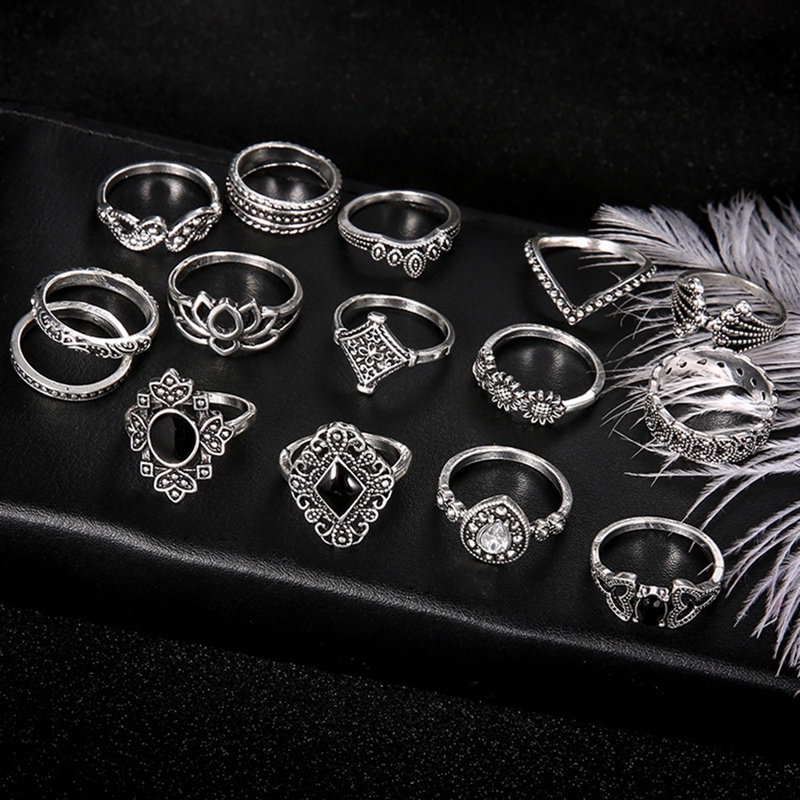 15pcs/set Cincin Untuk Anak Perempuan Hitam Set Cincin Fashion Perhiasan Gaya Bohemian Bague Pasangan Anillo Schmuck Aksesoris Untuk Wanita