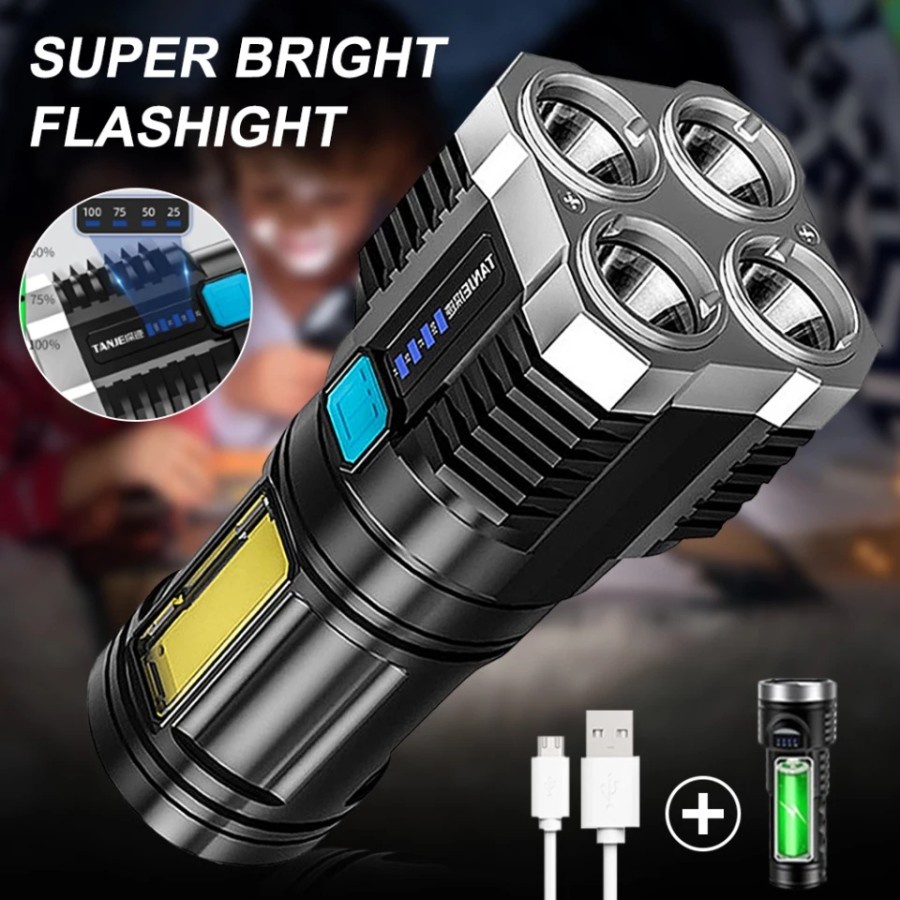 Senter Portable 4 LED + COB Light Super Terang L-S03 / Senter Penerangan Jarak Jauh 4 Mode Mata Lampu / Rechargeable Flashlight With 4 Core Light / Lampu Pencahayaan Darurat Untuk Camping Hiking Piknik Memancing Penerang SOS