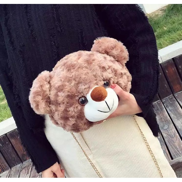 PA Tas Selempang &amp; Bahu Wanita Tas bulu selempang bahu boneka kepala beruang Sling Bag Bulu TEDDY BEAR Tas Boneka Kepala teddy bear ALA KOREA TAS SEKOLAH LUCU TAS PEREMPUAN TF093