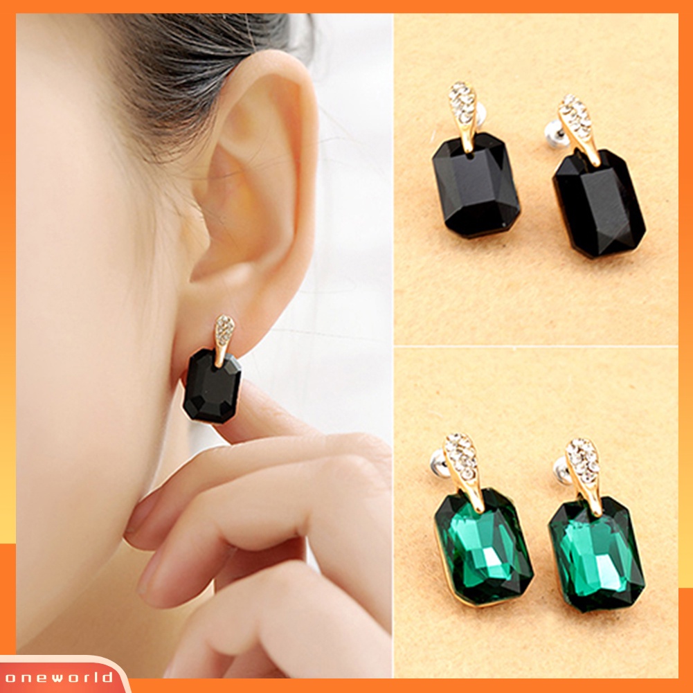 {oneworld} Wanita Elegan Persegi Panjang Berlian Imitasi Ear Studs Earrings Perhiasan Hadiah Ulang Tahun