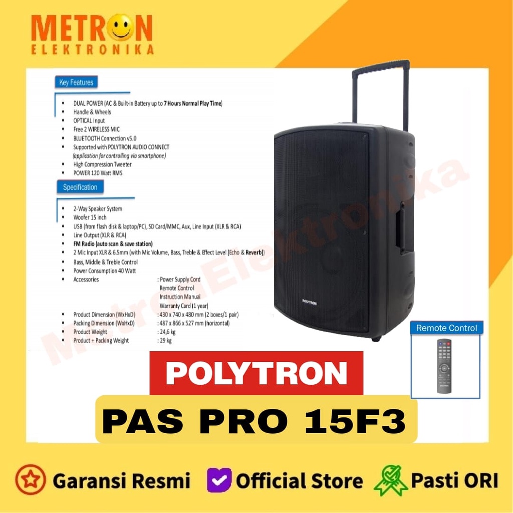 POLYTRON PASPRO 15F3 - SPEAKER TROLI 15 INCH BATTERY + BLUTOOTH + 2 MIC WLESS