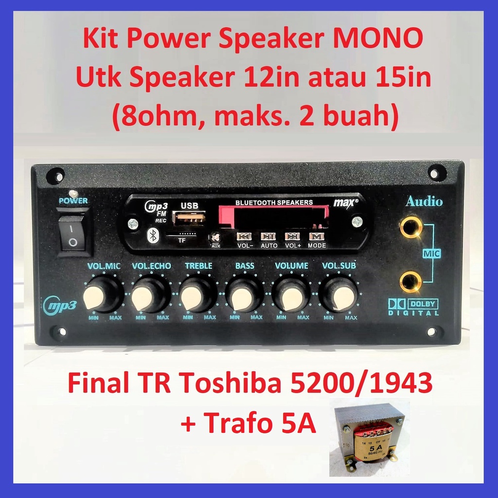 KIT POWER Speaker Aktif MP3 ECHO Bluetooth TRAFO 5A KABEL - MONO (GT-1215EU) Subwoofer 300Watt